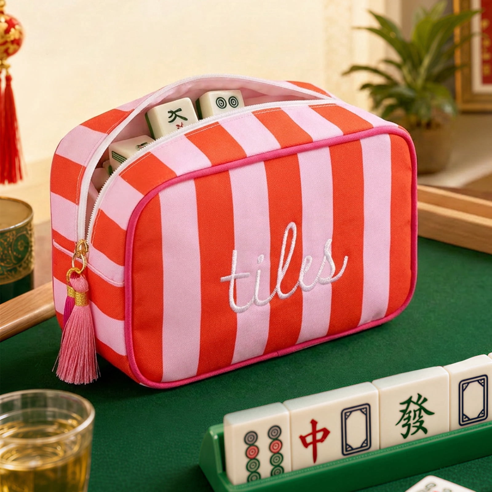 Mahjong Tile Bag with Zipper for 166 Tiles, Portable Embroidered Mahjong Storage Pouch for Board Game Night and Travel, Striped Blue Case