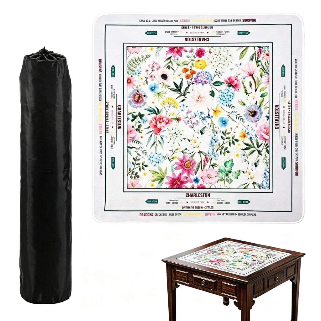 American Mahjong Mat for Table, Premium Silicone Noise Reduction Game Cover, 31.5 x 31.5 Inch Ships Rolled with Storage Bag (Multi-Colored Flowers)