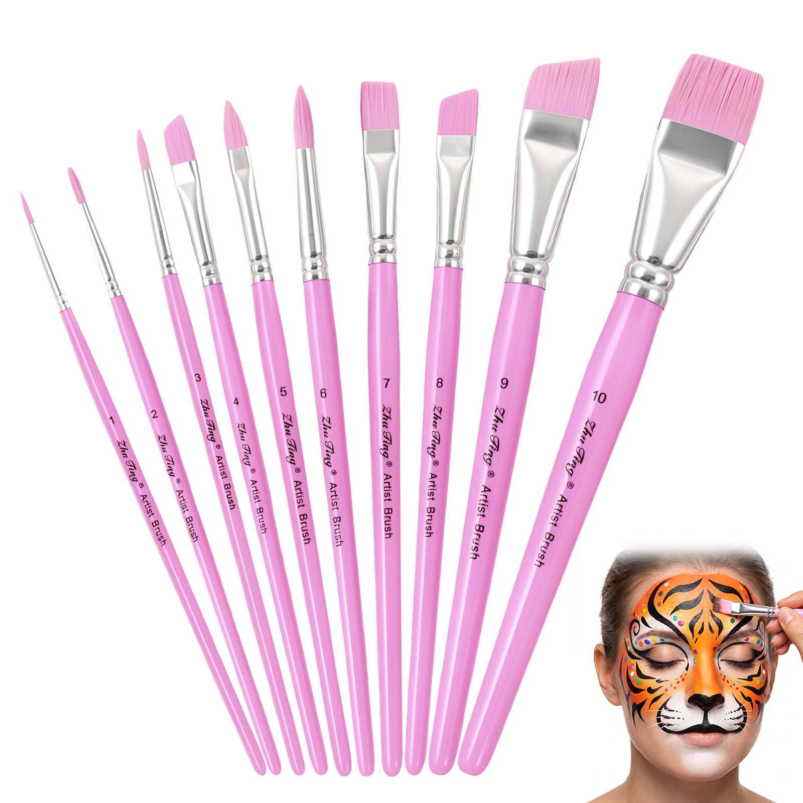 10Pcs Face Paint Brushes Set Nylon Bristles Face and Body Makeup Brush for Halloween Cosplay Party Acrylic Watercolor Oil Pink