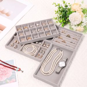4-Piece Stackable Velvet Jewelry Organizer Trays for Drawers, Removable Divider Jewelry Storage Tray Insert Holders for Earrings Rings Necklaces