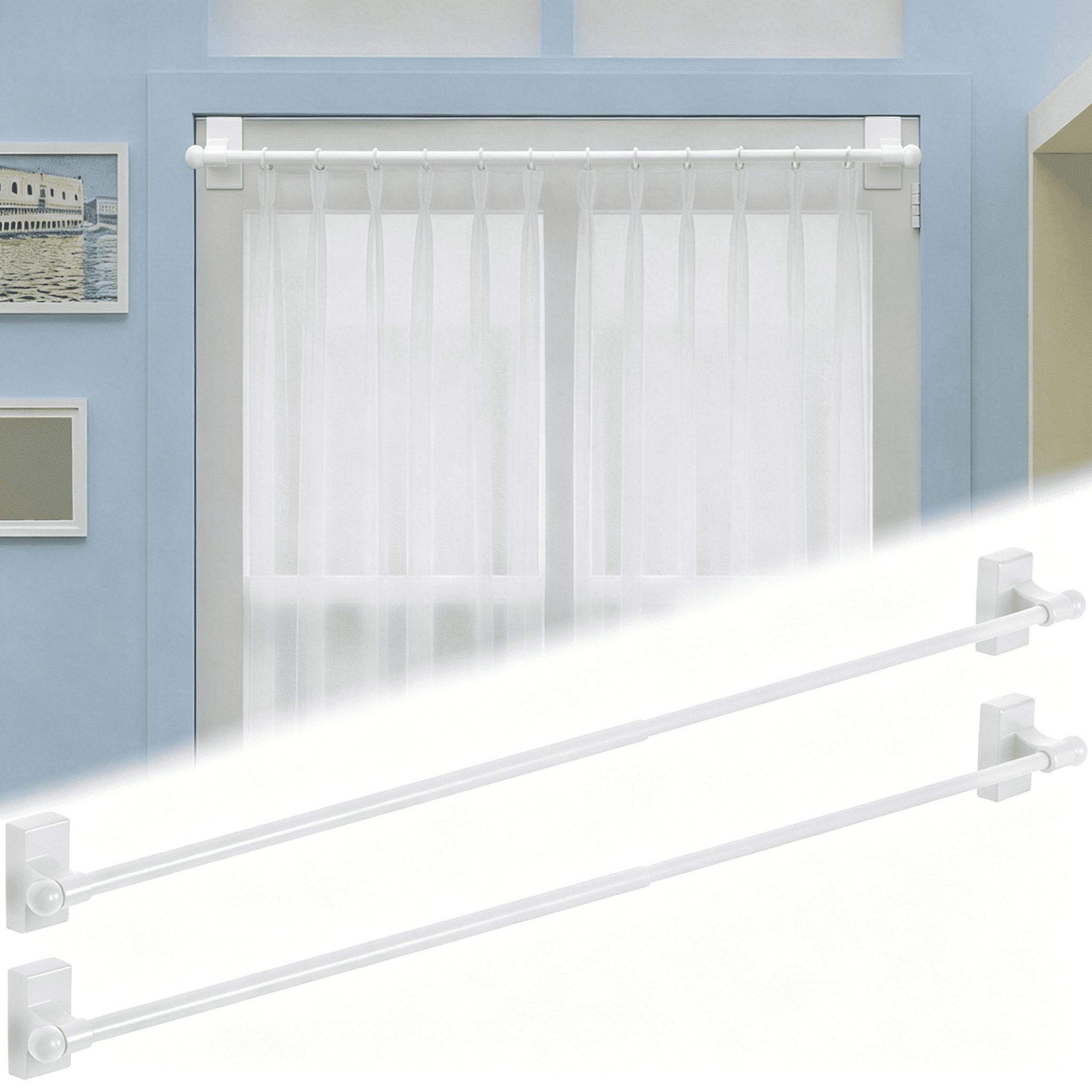 2sets Magnetic Curtain Rods for Metal Doors, Adjustable 17.3-33.4 inch No Drill Curtain Rod for Window, Fridge, Cabinet, Iron Rod