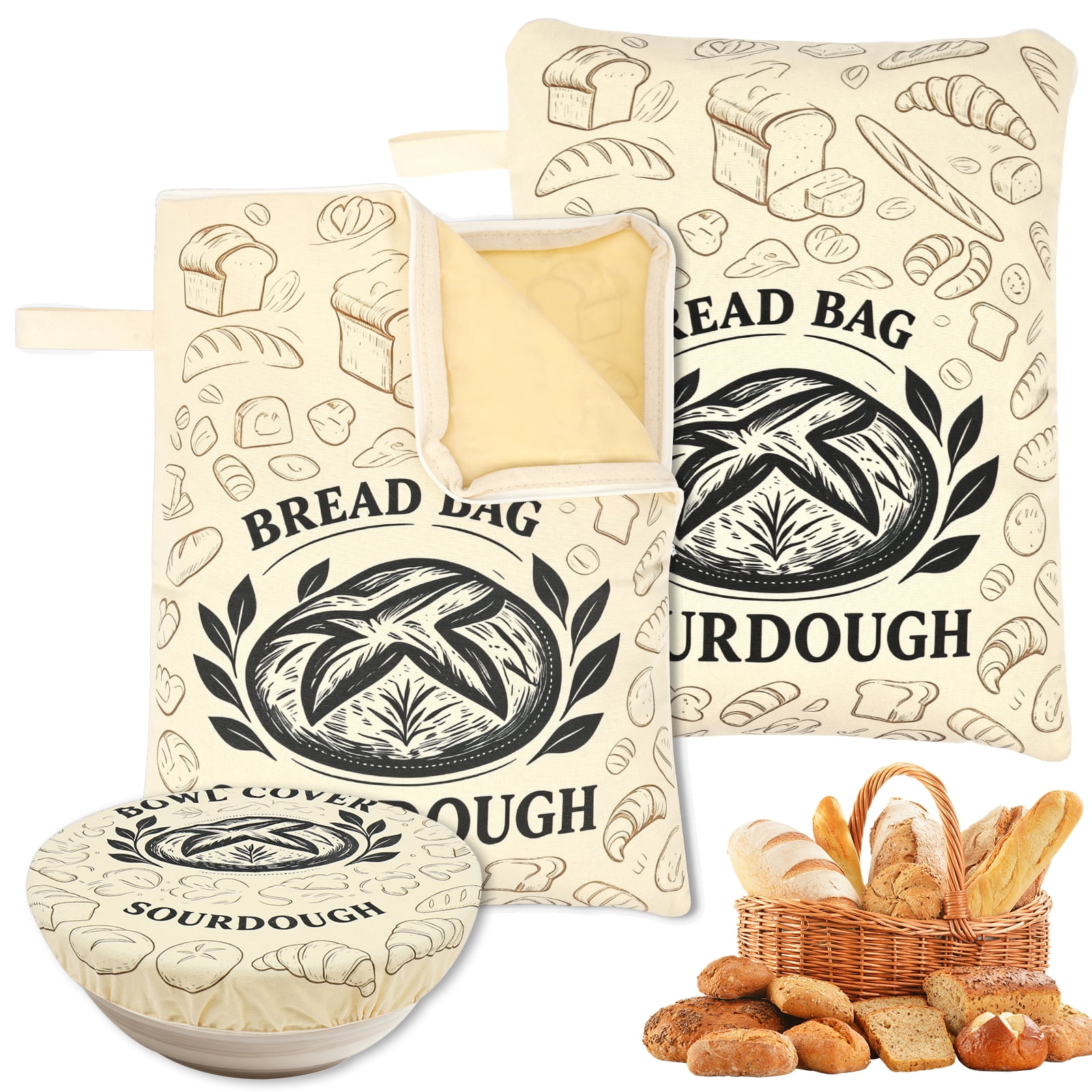 FVKRNYZ Beeswax Sourdough Bread Bags, 17x13 inch XL Reusable Cotton Lined Storage with Zipper & Bowl Cover for Homemade Bread Keeps Fresh, 3 Pack