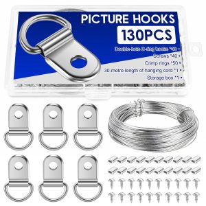 98FT Picture Hanging Wire Kit Heavy Duty Steel Wire with 40 D Ring Picture Hook 50 Crimping Sleeve and 40 Screw Adjustable Wall Hanging Kit for Frame Canvas Mirror Artwork