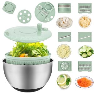 4.2qt 3 in 1 Stainless Steel Salad Spinner with 5 Blade Slicer Non Slip Base Integrates Washing Dewatering Shredding Functions Large Lettuce Washer Spinner for Kitchen Salad Vegetables