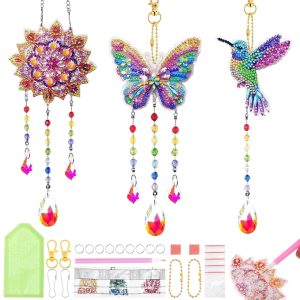 3Pcs Diamond Art Kits, DIY Wind Chime Craft Kit with Suncatcher Pendants, Arts and Crafts for Birthday Gifts