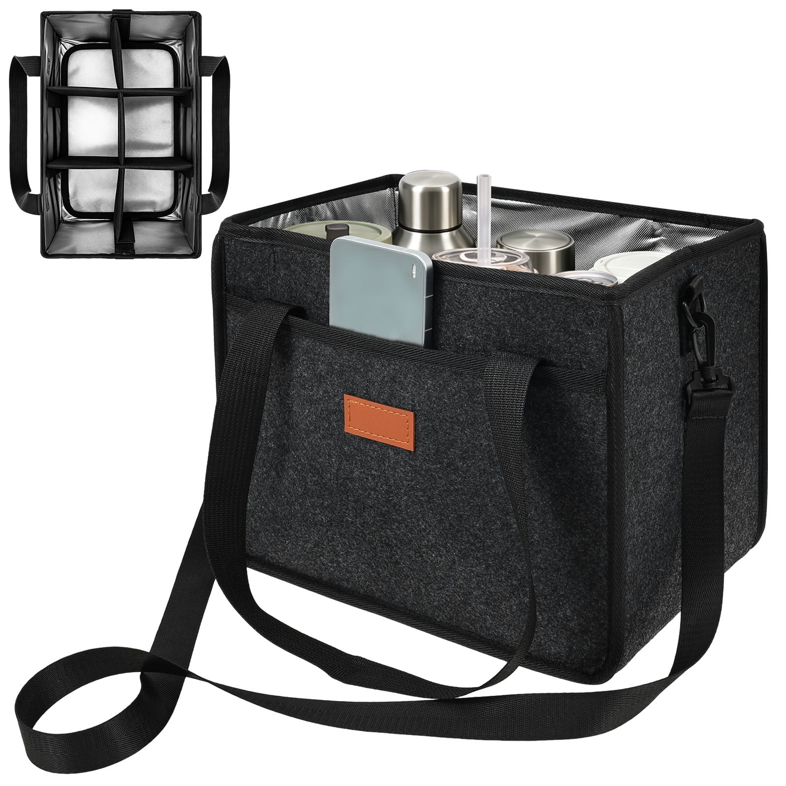 6 Cup Drink Carrier with Handle, Portable Reusable Coffee Cup Drink Caddy with Adjustable Divider for Car and Delivery, Dark Gray