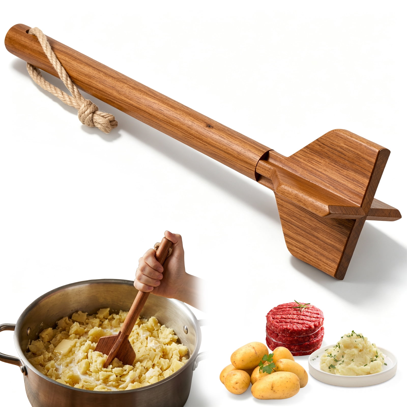 Wooden Masher, 11.02" One-Piece Teak Wood Meat Chopper for Ground Beef, Non-Scratch Hamburger Smasher & Chicken Shredder Tool